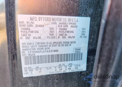 2001 Ford F150 Supercrew from USA, damaged, VIN 1FTRW07LX1KA31882